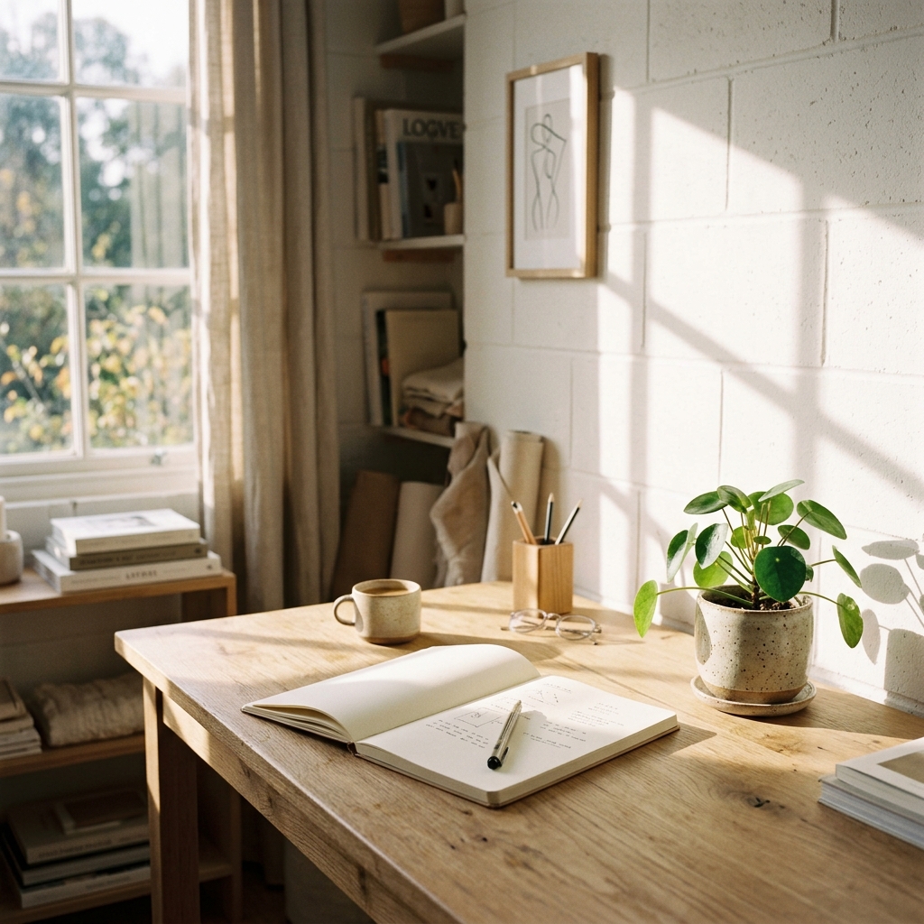 Creative workspace visual showcasing sleek notebooks and potted green plant