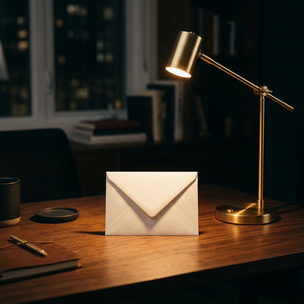 Warm brass lamp casting cozy cone of light over blank card on minimalist desk